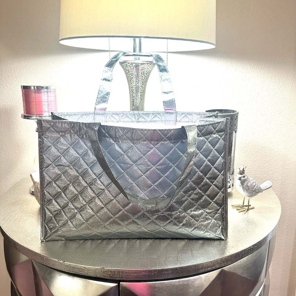 New Pewter Metallic Quilted- look Tote.